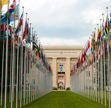A row of international flags lining the pathway to the United Nations Palais des Nations building in Geneva.