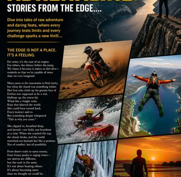 Adventure sports poster featuring extreme activities like dirt biking, skydiving, kayaking, and ice climbing.