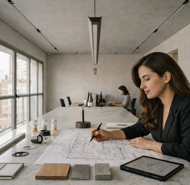 Arquiteta de iluminação analisando projeto luminotécnico em estúdio contemporâneo com amostras e luminárias técnicas