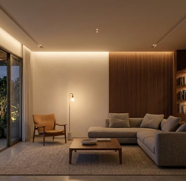 Ambiente residencial com iluminação automatizada e cenas programadas em projeto luminotécnico