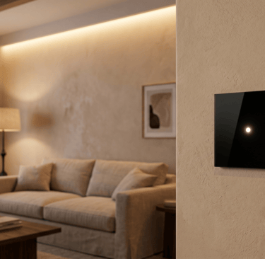 Dimmer touch instalado em parede de sala de estar com iluminação indireta e controle de intensidade luminosa ajustável