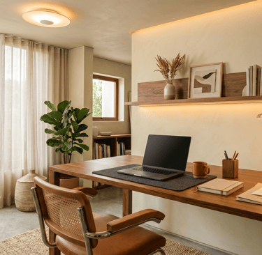 Home office com iluminação em três camadas: luz geral, tarefa difusa em 2700K e indireta para descanso visual.