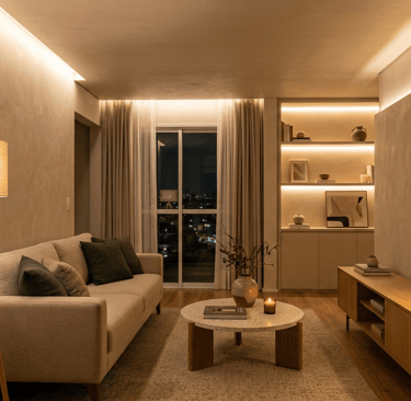 Apartamento pequeno com iluminação indireta planejada criando amplitude visual em projeto residencial contemporâneo.