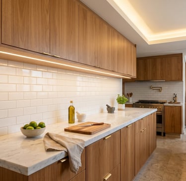 Cozinha com iluminação de tarefa centralizada sobre bancada, luz geral no forro, revestimento claro, ambiente funcional 2700K