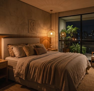 Quarto residencial com luz quente 2700K em dois circuitos, ambiente pensado para proteger a rotina noturna e o ciclo do sono
