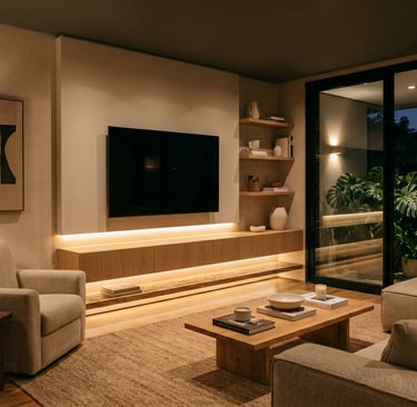 Sala de estar com iluminação em camadas: luz indireta no rack, spots no teto e luminária focal criando atmosfera acolhedora