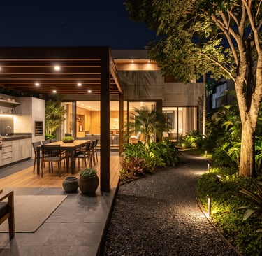Varanda gourmet com iluminação geral e de bancada em 2700K, jardim com árvore destacada e caminho sinalizado por balizadores.