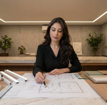 Arquiteta analisando projeto de iluminação residencial antes do início da obra.