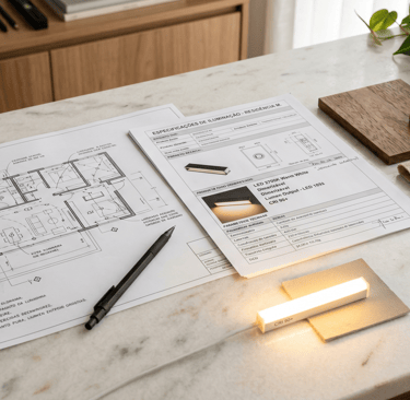 Planta de projeto de iluminação residencial sobre mesa com tabela de luminárias e amostras de materiais 