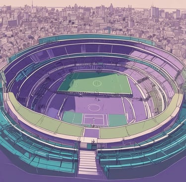Illustrated aerial view of a purple and green sports stadium in a dense metropolitan city skyline.