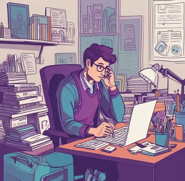 An illustration of a student wearing glasses studying at a cluttered desk with a laptop and stacks of books.