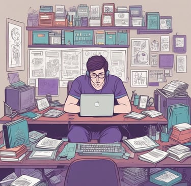 A man wearing headphones works on a laptop at a cluttered desk filled with papers and electronics.