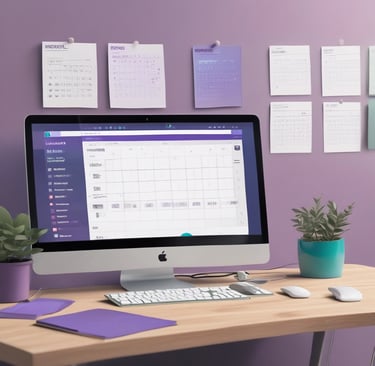 A desktop workspace featuring an Apple iMac with a digital calendar and notes pinned to a purple wall.