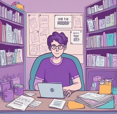 Purple-themed illustration of a man with glasses working on a laptop at a cluttered desk with bookshelves.
