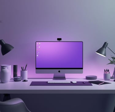 Modern minimalist home office desk with an Apple iMac, purple LED backlight, and desk lamps.
