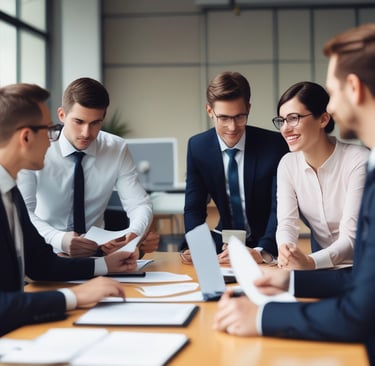 Overhead shot of an audit team reviewing detailed engineering blueprints around a conference table.