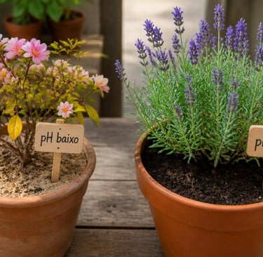 Flores rosas e lavanda roxa em vasos, com marcadores de madeira para indicar níveis de pH de baixa e