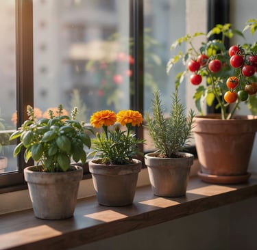 Jardim de vasos em ambiente interno com manjericão, calêndulas, alecrim e tomates-cereja no parapeit