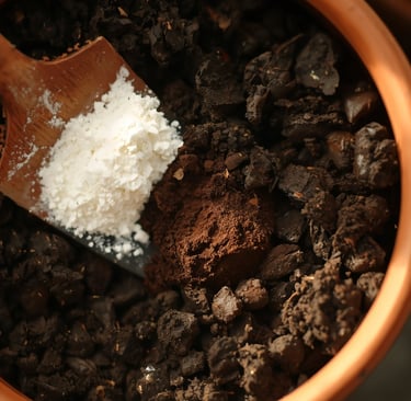 Adicionando fertilizante de farinha de ossos branca e borra de café ao substrato em um vaso de terra