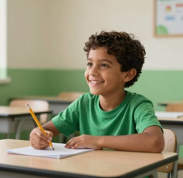 A smiling South American / Brazilian child sitting at a bright desk, holding a pencil, look of inspiration, soft green and beige interior, modern photography style.