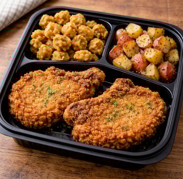 Fried Pork Chops, Fried Okra, Country Potatoes