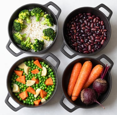 Colorful bowls with fresh, healthy meals ready to eat on a rustic wooden table.