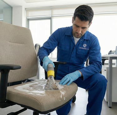 Técnico lavando silla de oficina en Ibagué con máquina profesional