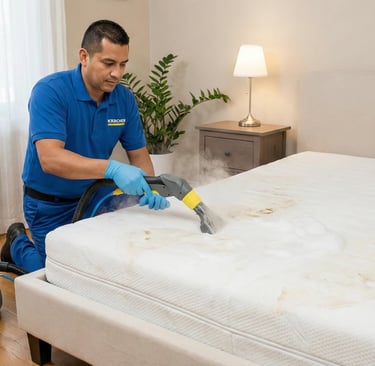 Tenico lavando y desinfectando colchon en Ibague