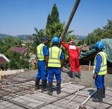 Construction workers in safety gear pouring concrete for a residential building foundation.