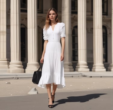A finely dressed woman in a classic beige trench coat and white blouse, posing with subtle elegance in a softly lit urban setting.