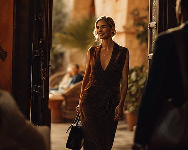 A guest entering the hotel lobby, smiling. 