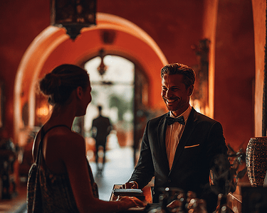 A guest standing at the counter in a hotel lobby. She is being greeted by an attentive staff member.