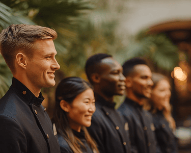 A group of hotel staff members standing aligned in a row, attentively listening.