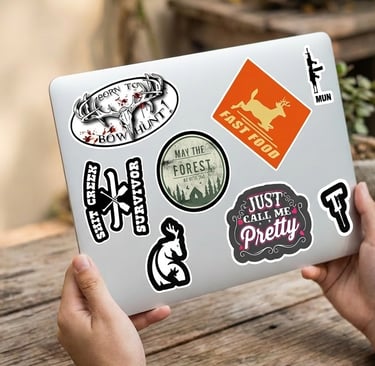 laptop with stickers on it