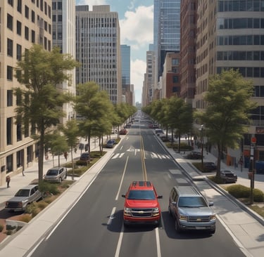 A Suburban driving smoothly on a busy Mexico City street with skyscrapers in the background.