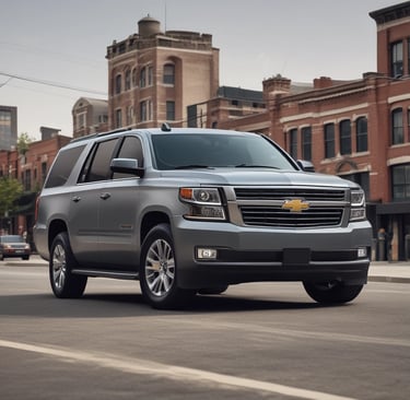 Chauffeur assisting a client with luggage beside a Suburban at the airport terminal.