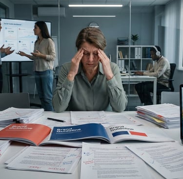 A stressed employee surrounded by piles of documents and computer screens in a communications office