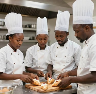 A lively group photo of smiling students holding their crepe creations, showcasing pride and camaraderie.