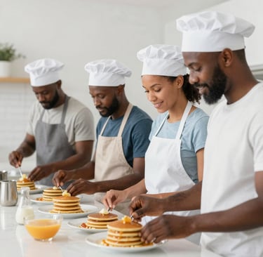 A vibrant classroom where students attentively practice making traditional African crepes under the guidance of a skilled instructor.