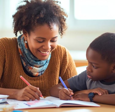 Smiling teacher helping a young elementary student with a writing assignment in a bright classroom.