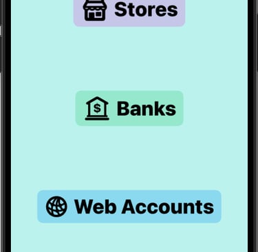 Listopia mobile app interface with menu buttons for Stores, Banks, Web Accounts, and ToDo List.