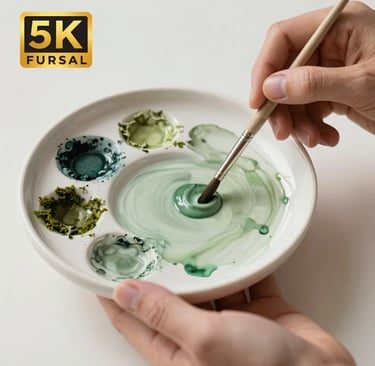Close-up photography of an artist's hand-held ceramic palette with dried sage green and soft moss watercolor pigments. A fine, thin paintbrush rests on the edge. The background is a clean, creamy white surface. Artisanal and calm aesthetic.