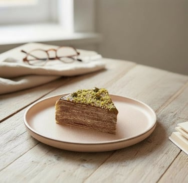 Gâteau de crêpes chocolat pistache atelier pâtisserie