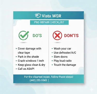 Vista WSR windshield pre-repair checklist showing do's and don'ts for cracked glass maintenance.