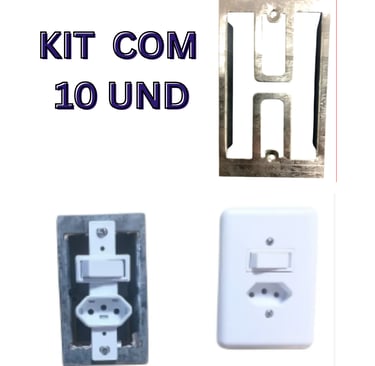Kit com 10 unidades de interruptor simples e tomada branca com placa e suporte metálico.