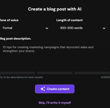 Screen showing blog post generator with tone and length options and a create content button