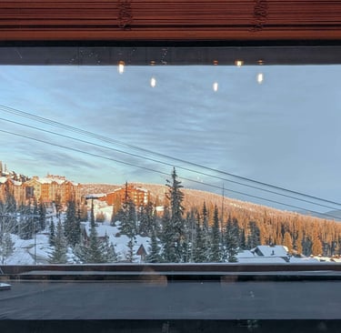 Snow-covered trees and mountain buildings seen through a window at sunset.