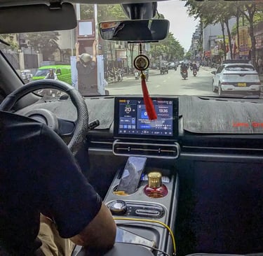 View from taxi inside Hanoi during extreme afternoon heat in Vietnam