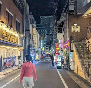 Traveler walking through a lively street at night in Shizuoka, Japan.