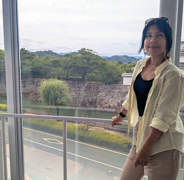Traveler overlooking a Japanese castle and surrounding landscape in Japan.
